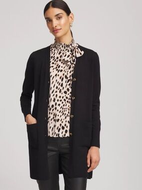 NWT Chico’s Ella Pocketed Long Button Front Cardigan Sweater - Black